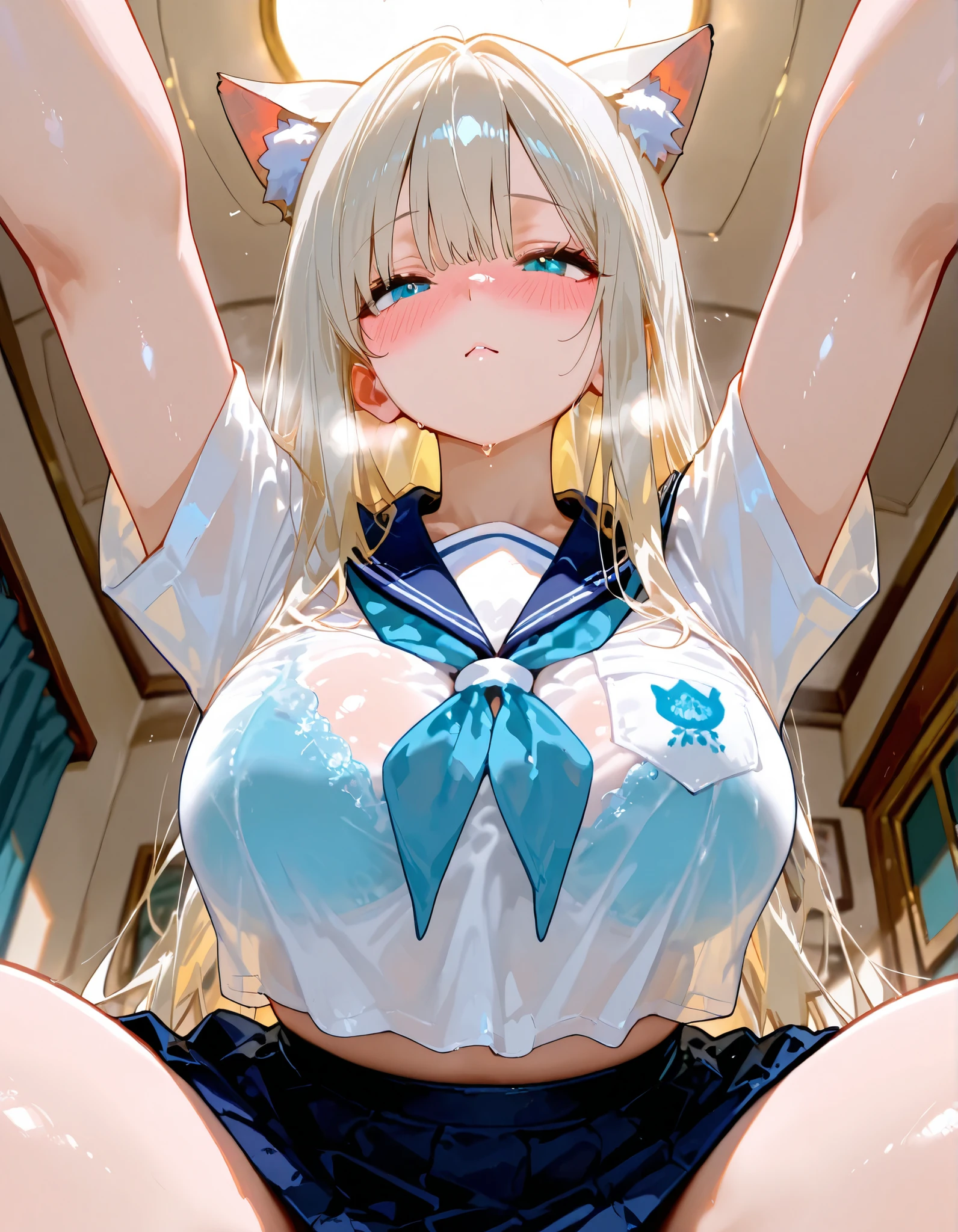 (masterpiece:1.2、Highest quality、Tmasterpiece)、(1 female)、alone、classroom、Day、(Squat:1.2)、whole body、beauty、blonde、Twin tails、blue eyes、(Sailor suit:1.4)、(Dark Skin:1.4)、break、Big Breasts、Long sleeve、lipstick、(pantyhose:1.2)、weaty、choker、blush、Covered breasts、Bangs braids、(Long Tongue:1.6)、((口を開けてフェラface:1.3)),(Spit drips:1.2),(Blowjob pose:1.2),(Looking up:1.4),(forget oneself:1.4),(Open your mouth wide:1.2),(face:1.3),(Open your mouth with both hands:1.6)
