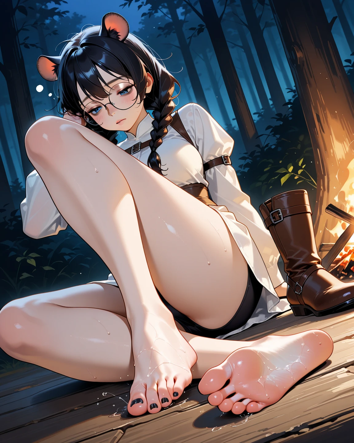 ((masterpiece,Highest quality;1.3,best illustration,realistic)), elf girls, elf ears, blushing, mouths open in arousal, incontinence、peeing pee stains, wet panties, ensemble in the forest, campfire.
