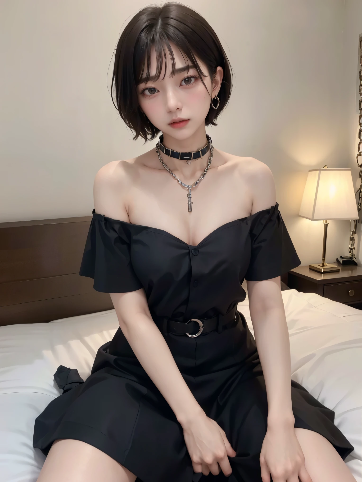 (Androgynous beautiful man:1.3)、(Bob Hair)、(best quality:1.4)、(masterpiece:1.4)、((masterpiece))、 RAW photos 、8k、((best image quality))、 ((high resolution))、brown hair、(Thick chain collar:1.3)、 black party dress、long skirt、Off Shoulder、(sexual excitement)、(sexual feelings)、Sex Appeal、bed、(Teaching beautiful boy about female sexuality)、(sex slave)、Eros、