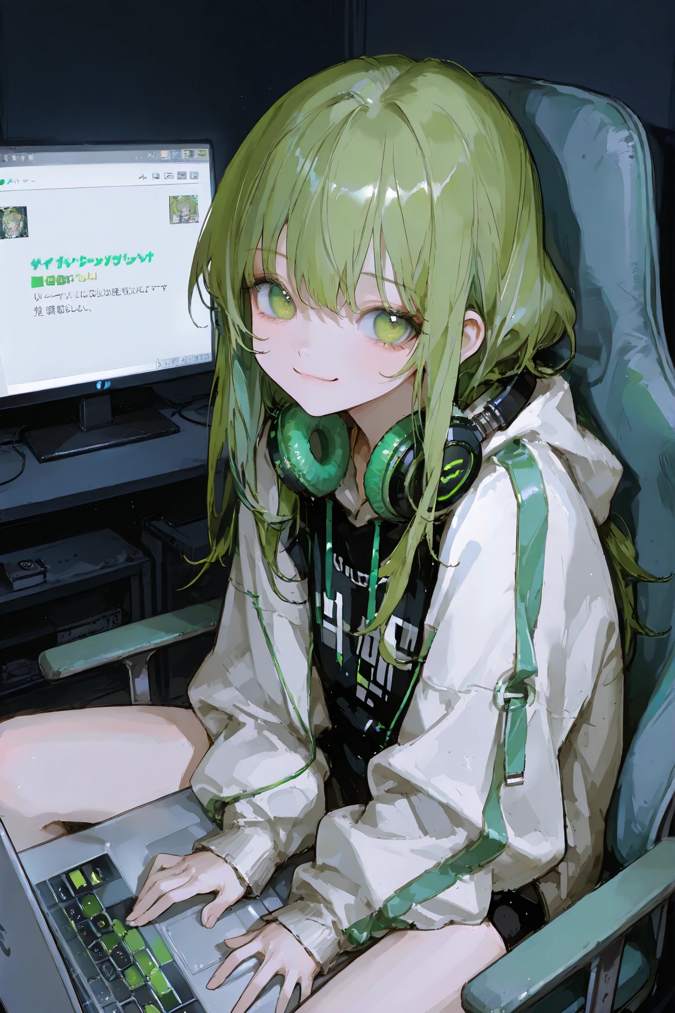 masterpiece、 best quality、Good Quality、 average quality 、 very detailed、 Very Beautiful、anime girls gaming on a laptop in a dark room hd desktop wallpaper, headphones around neck, 1girl, solo, green hair, headphones, chair, sitting, looking at viewer, green eyes, long hair, long sleeves, jacket、smile、is young、Baby Face