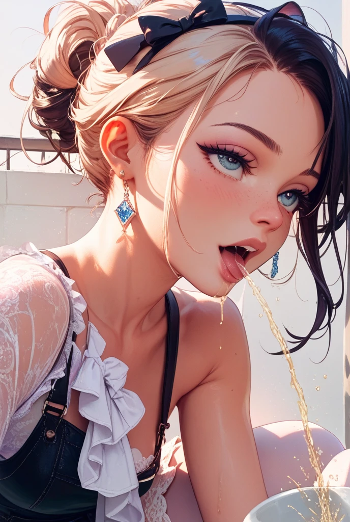 ((close-up)), Highest quality, Realistic, Beautiful woman, Perfect body, Big breasts and beautiful cleavage, (((Black tank top))), (((full open mouth))), (((A face of sexual pleasure,blush,Sleepy eyes,Lips wide apart,Saliva:1.8))), (((cum in mouth:2.0))), (((cum on hair,cum on face,cum on neck:1.8))), (((acme))),(((climax))),(((i am coming))), (bukkake), (ahegao), (tongue), An athletic body, Dramatic lighting, Hyperrealism, Absurd, masterpiece, Highly detailed RAW color art