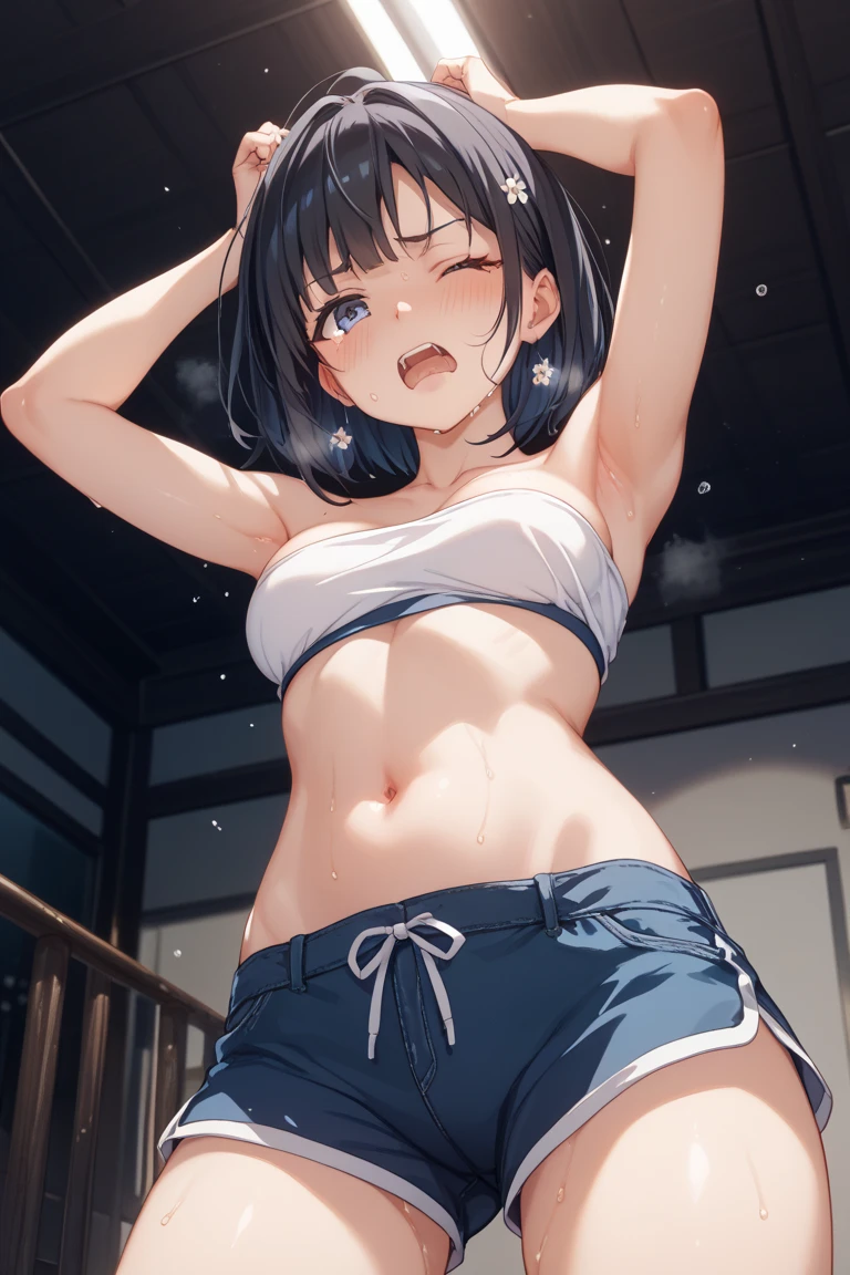 (super flat, flat shading, flat color:1.1)、An illustration、(One Asian boyish girl)、(cute:1.2)、very beautiful 20 year old girl cartoon、wonderful smile、cheeks are red、(high detail skin: 1.2)、Photorealistic anime female rendering、Realistic anime 3d style、cuteボブカット、beautiful brown hair、intense black eyes、strong eye highlights、(detailed、Medium chest)、perfect anatomy、hair is dirty、old style sportswear、((Sportswear that shows through with sweat))、white tight sleeveless shirt、((wet state))、thighs open、head tilt、Are standing、cowboy shot、arm to the side、((from behind、hind legs、heart cutout、hip incision))、volume lighting、soft light、bright、neon、Bright colors、watercolor painting,navel,(((Only the lower body is naked))),(((Pussy)))