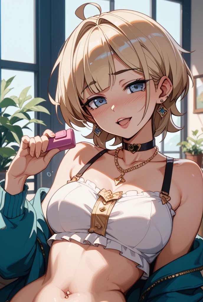 (Highest quality, 4K, 8k, High Resolution masterpiece:1.2), Very detailed, Picturesque, Anime-style photos, Photo Animation:1.37)、a beautiful girl、(Brunette Hair)、(pixie cut)、gyaru、tan、in the room、Female masturbation、Squatting on a dildo、black dildo、insert dildo、Ecstasy face、trembling、Sweat、Drooling、crying、vapor、Black choker、pierce、necklace、bracelet、selfie