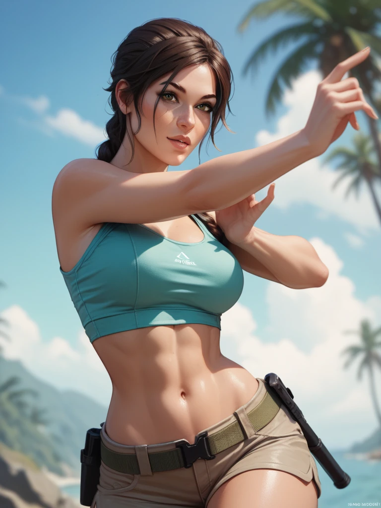 masterpiece, best quality, 1 girl, lara croft, slim, athletic, fit, tomb raider, standing, waving,, sandy beach, crysta; blue sparkling water, sunm blue sky,