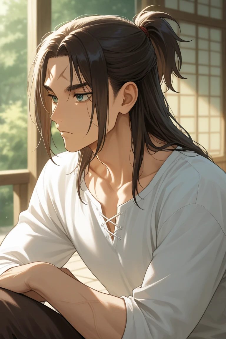 {{upper body, dutch angle}} {{Artist: sincos}} 1male, mature male, black hair, long hair, brown eyes, depressed expression, black hoodie, brown monkey tail, indoors, living room, sitting, pov, medieval fantasy.