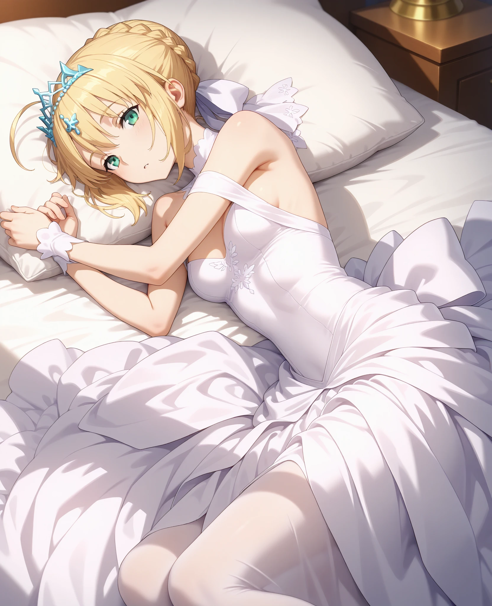 best quality, masterpiece, highres, solo, {saber_fatestaynightufotable:0.90}, 1girl, elbow_gloves, bare_shoulders, official_alternate_costume, white_gloves, white_dress, choker, ponytail, strapless, anime_coloring, small_breasts lying down on bed 