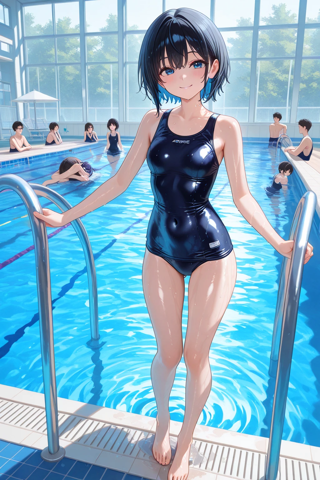 A boyish, short-haired, busty, beautiful-legged woman is standing by the pool in a competitive swimsuit.。Angle from behind。Being photographed by a middle-aged man。