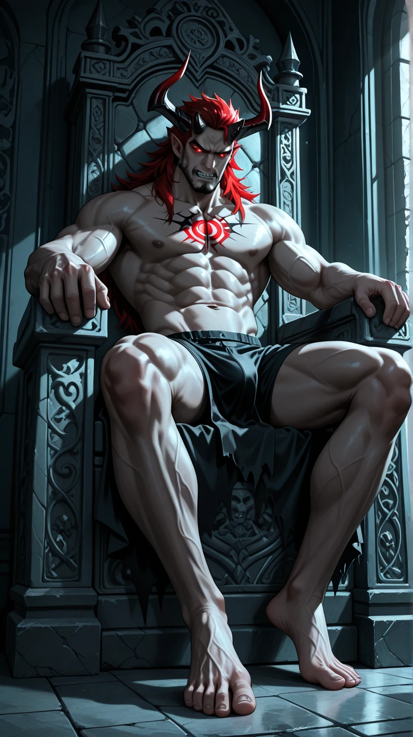 Demon, muscled body, absurdly tall body, hot male demon, red skin, devil, demon horns, sitting on his throne 