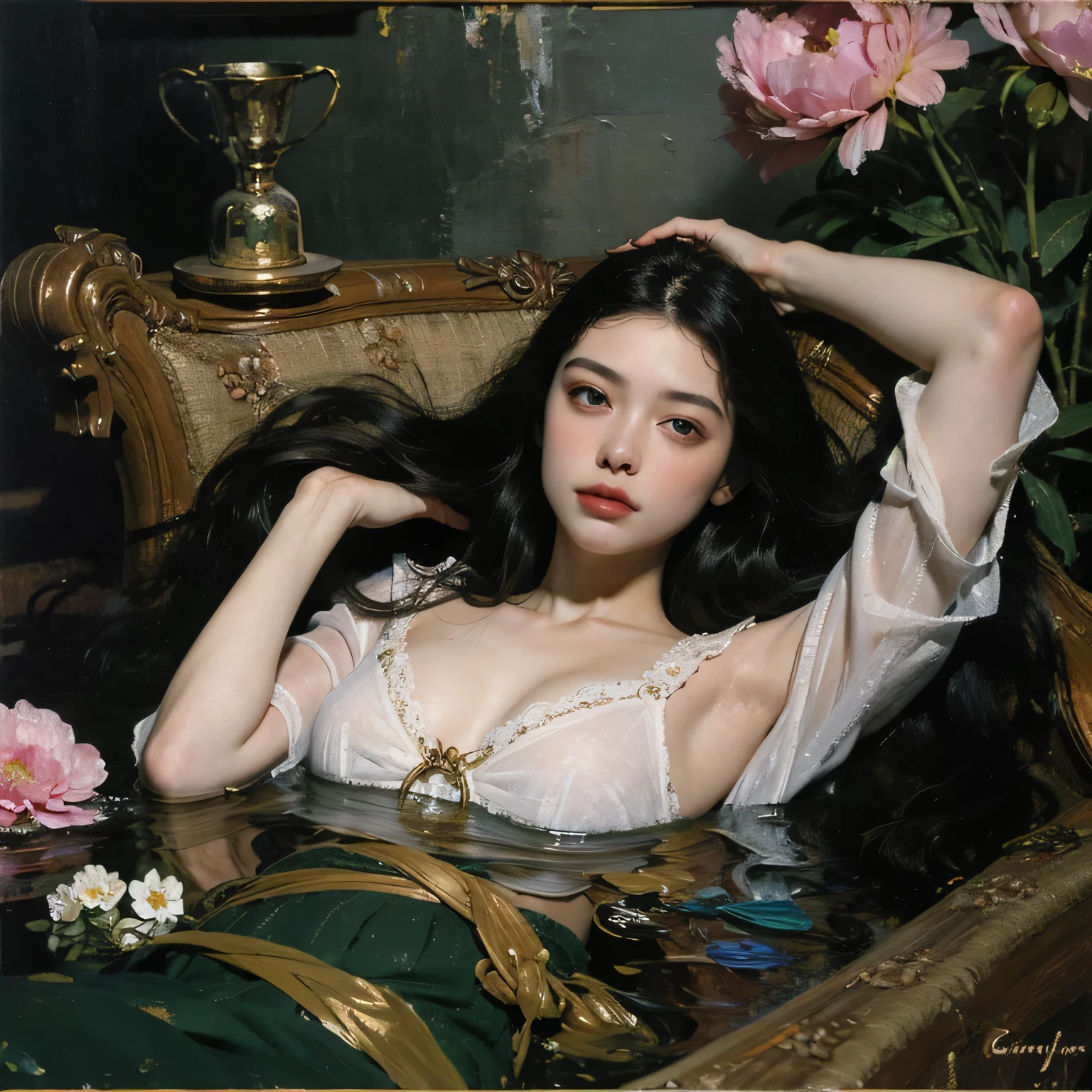 (masterpiece), best quality, expressive eyes, perfect face, 1 sexy girl in forest dress, flowers, leaves, Mandala, fractal, Sleeping Beauty, full body Bella🦋, beautiful sleeping girl, room with mirror, girl sleeping in the bed and sheets, old clock and lamp on the table, full body, black hair, transparent clothes, sexy legs, view of pubic hair, 1 sexy girl in transparent forest clothes, exposed breasts, open transparent t-shirt, tattoos of mandalas and flowers , best quality, masterpiece, illustration, very delicate and beautiful, very detailed, CG, unity, 8k wallpaper, ridiculous, huge file size, very wide lens, soft light, slight smile, view of the man's exposed breasts pubic hair, mandala and flower tattoos, Best quality, Full body, Nude summer, Full tattoo, (Masterpiece, Top quality, Best quality, Official art, Beautiful and aesthetic: 1.2), (1 flower), Full body, Extremely detailed, (Fractal art: 1.3), colored, more detailed, "Best quality", "Masterpiece, Sakimichan style art, black hair fused with platinum and gold, naked girl, beautiful visible pubic area, pink breasts, small breasts at the view, water pond in the garden, old floating clock, lamp, lantern, skin wet with water, floating bed in the pond, beautiful girl lying on the bed, fantasy, view from above, floating bed in the pond, temple interior flooded, night light, full moon, deep fantasy dream, clothes melted in pond water, black hair with gold and platinum reflections, pink weights, toes submerged in water,