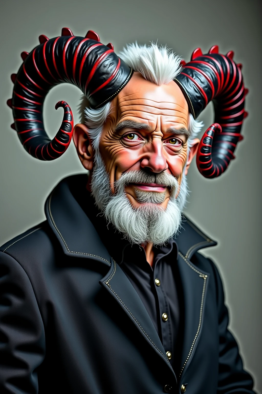 Jon Burgerman,Happy smiling old man working out, horns on head, strong body, tattoos,pink background,Zhang Jingna,in the style of aggressive digital illustration, bold and colorful portraits, lit kid, Picasso,Hikari Shimoda.