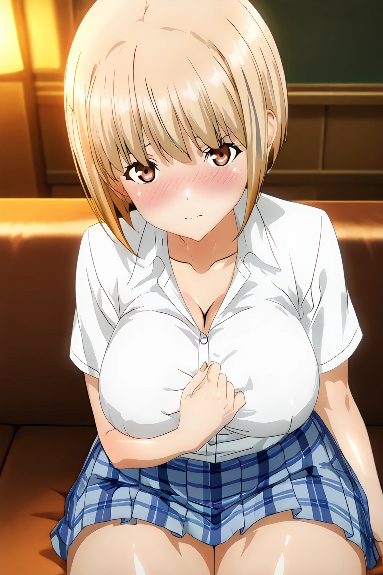 cafe, waitress, bend the elbow, clench fists,skirt,(( nipples)),(( open shirt)),((( largesize breasts))), undressing by self, shirt pull, shoot from side, upper body,(( blush)), surprised, shoot by voyeur, open mouth, twin tail, girl is looking at man's eyes, a girl whoes breasts are take a picture by an old man whith camera near the nipples,((( camera)))