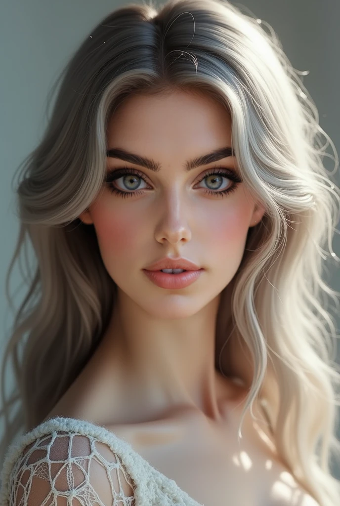 Beautiful girl with white skin, light gray hair, with bright shining eyes, Shiny skin, Beautiful черный маникюр, Beautiful nails, pearl skin, In a black dress, beautifully detailed fingers, professional photo, 4K, a high resolution, high detail, aesthetically pleasing, Beautiful, realistic, looks straight, Against the backdrop of St. Petersburg