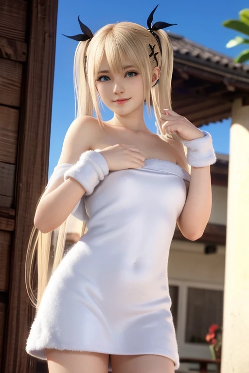 Adorable girl,((3D, detailed CG, masterpiece, 8k, 16k, Best quality, high quality, ultra detailed eyes, Fine skin, ultra detailed face, High resolution, professional work, Perfect anatomy, Perfect body, Perfect hands anatomy, Perfect finger anatomy, oily skin, beautiful face, beautiful eyes, lipgloss)), blonde twintails, blue eyes, (slim body, big tits), standing, outstreached arms, sweet smile, wearing a white night dress, Sexy dress,
