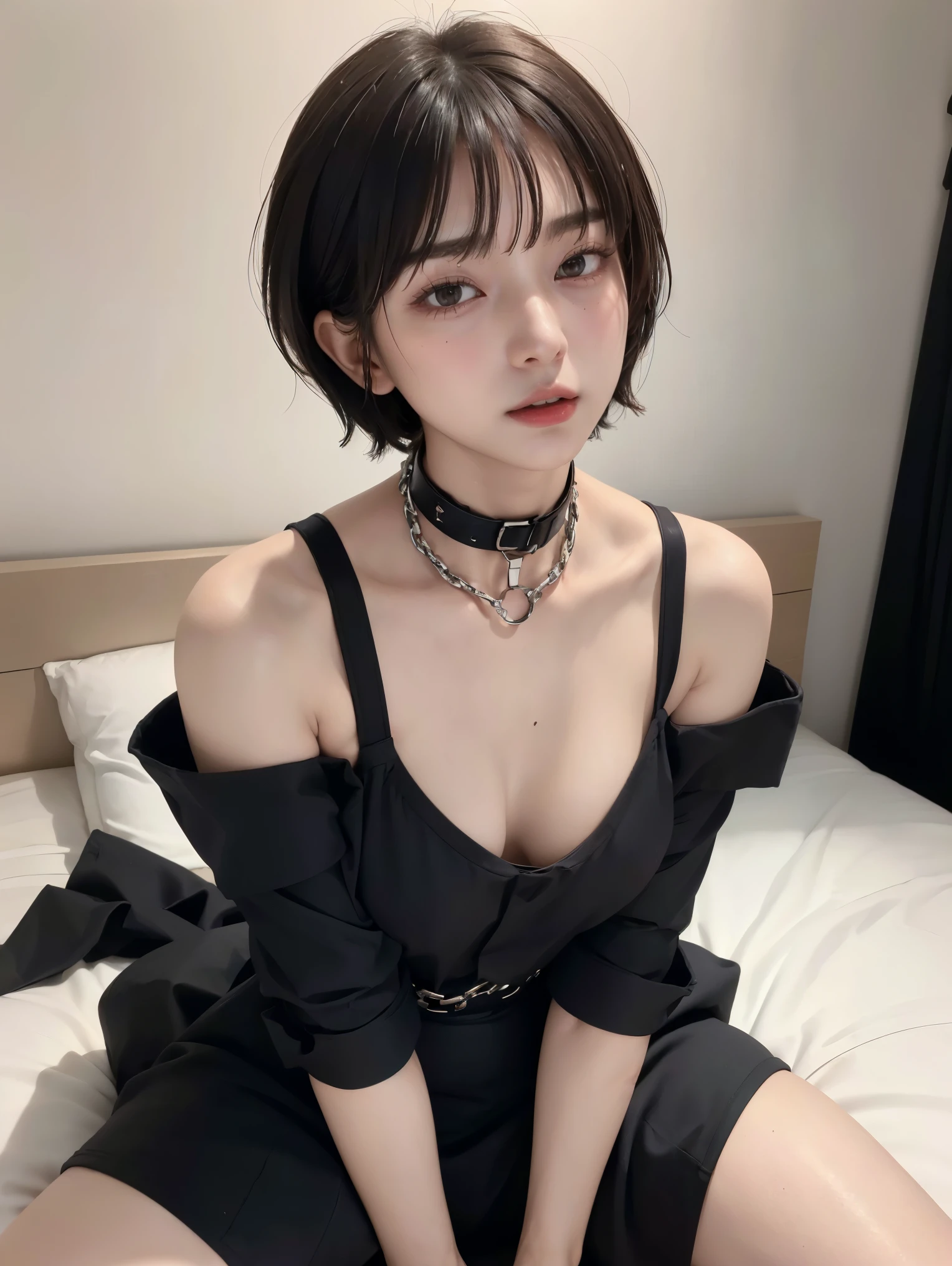 (Androgynous beautiful man:1.3)、(Bob Hair)、(best quality:1.4)、(masterpiece:1.4)、((masterpiece))、 RAW photos 、8k、((best image quality))、 ((high resolution))、brown hair、(Thick chain collar:1.3)、 black party dress、long skirt、Off Shoulder、(sexual excitement)、(sexual feelings)、Sex Appeal、bed、(Teaching beautiful boy about female sexuality)、(sex slave)、Eros、
