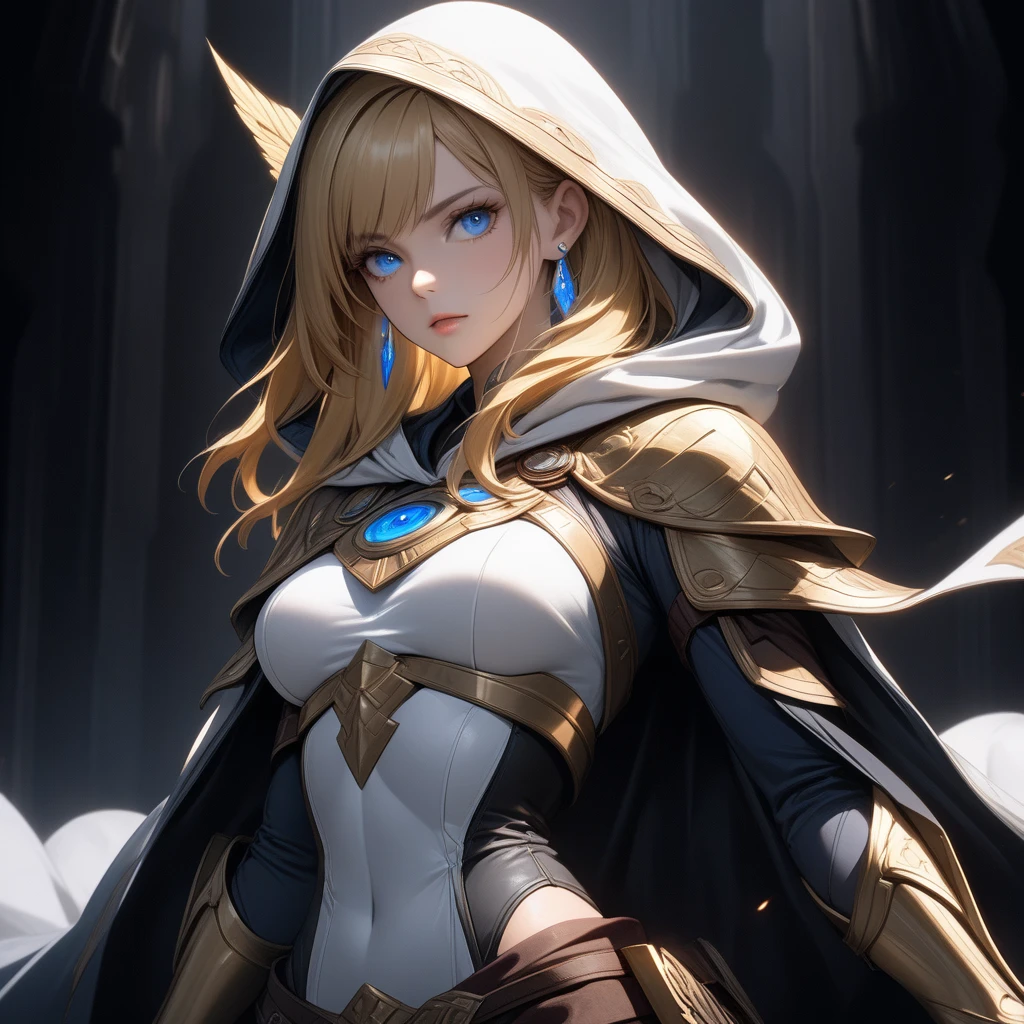 1girl, solo, long hair, breasts, Gwen, blonde hair, blue eyes, hood, lips, bodysuit, depth of field, blurry background, skin tight, superhero, spider web print, white bodysuit