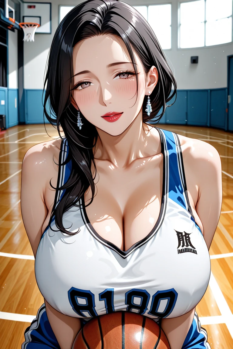 8k, 55 year old mature Japanese woman, Beautiful mature woman, Long eyelashes, Fine wrinkles, Low Ponytail, Red lipstick, Volleyball Wear, Saggy breasts, Cleavage, Pearl Necklace, Red lipstick, Leaning forward