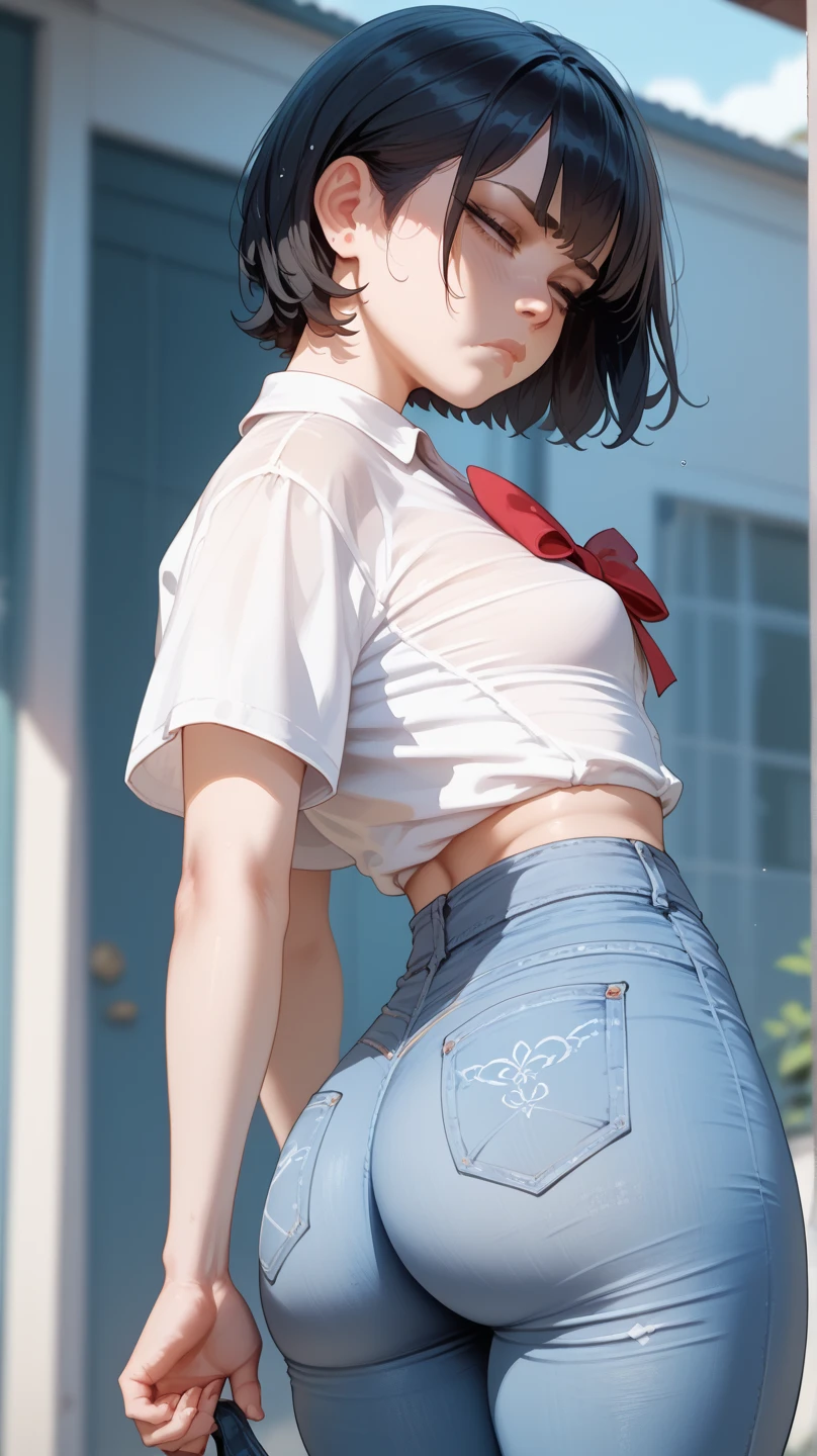 1girll, 独奏, White polo shirt, White sneakers, tennis wear, denim short, tmasterpiece, Best quality at best, realisticlying, ultra - detailed, (shiny skins, perspired:1.4), absurderes, looking at viewert, with short black hair, with brown eye,slenderness,Dynamic light and shadow,A high resolution,Sharp focus,depth of fields,The eyes are delicate,Sharp pupils,pupil realistic,(middlebreast),(Thighs straight)