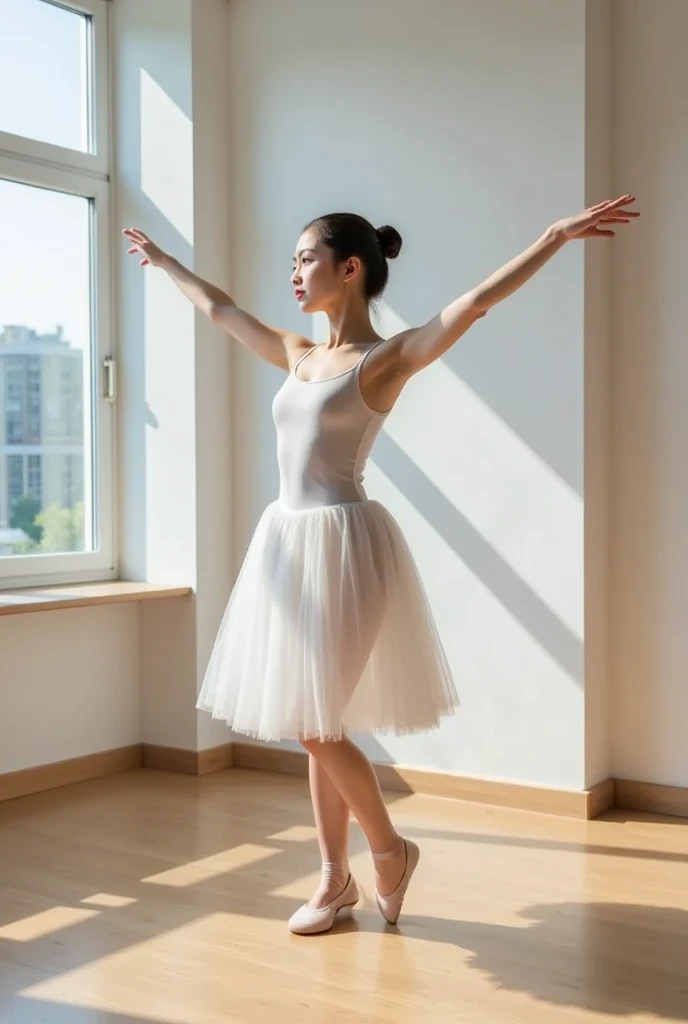 this woman has perfect posture, she sits on a wood chair, upright, perfect posture, her feet in ballet pointed, hands to her sides, long brushed hair, she is being seen from the side, her sitted position is perfect, elegant