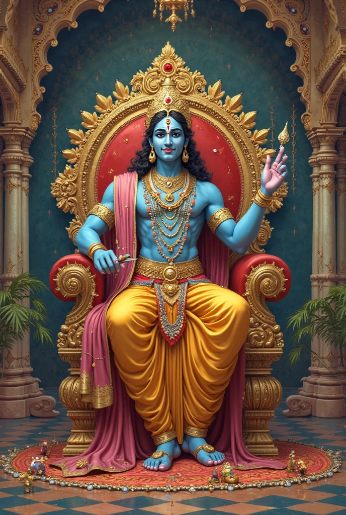 Ek Shri Krishna image Jo sinhasan per Baithe Hue Ho Unka Sharir Neela color ka ho Unki vastra Golden Ho Unke jevar V Mukut bhi Golden color ke hun Unka sinhasan bhi Golden hun background Mein Kuchh Bhi Nahin Hona chahie