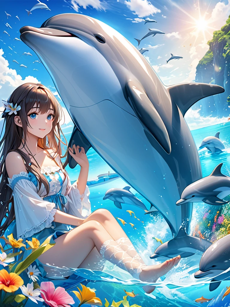 masterpiece、highest quality、High resolution、Very detailed、Mature Woman、(((In the water、Sea、In the sea、Swimming)))、scuba diving、Competitive swimming suits、High leg、long hair、Bubble、grace、Fins、smile、Multiple Dolphins、Frolic with dolphins、coral、
