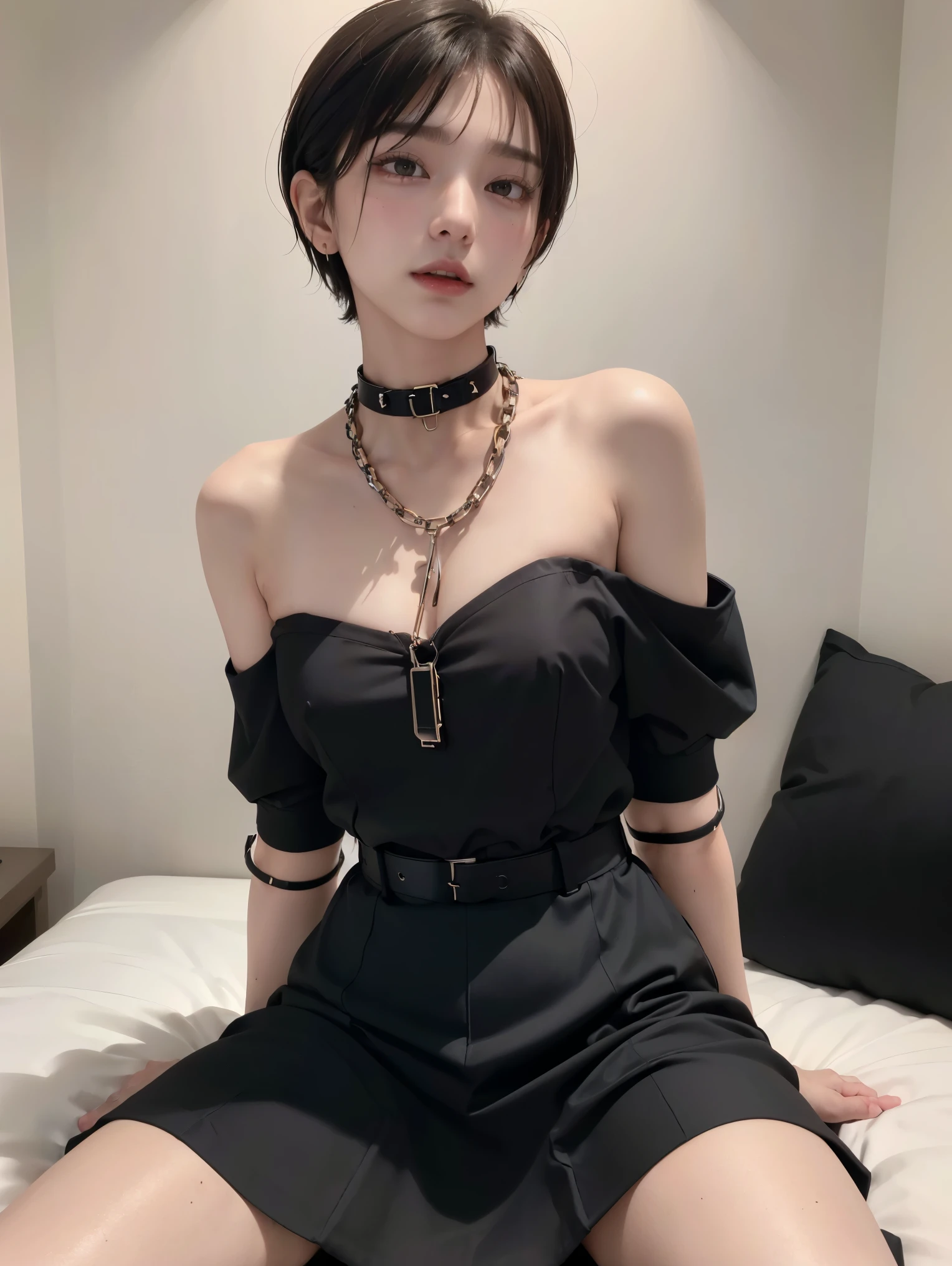 (Androgynous beautiful man:1.3)、(Bob Hair)、(best quality:1.4)、(masterpiece:1.4)、((masterpiece))、 RAW photos 、8k、((best image quality))、 ((high resolution))、brown hair、(Thick chain collar:1.3)、 black party dress、long skirt、Off Shoulder、(sexual excitement)、(sexual feelings)、Sex Appeal、bed、(Teaching beautiful boy about female sexuality)、(sex slave)、Eros、