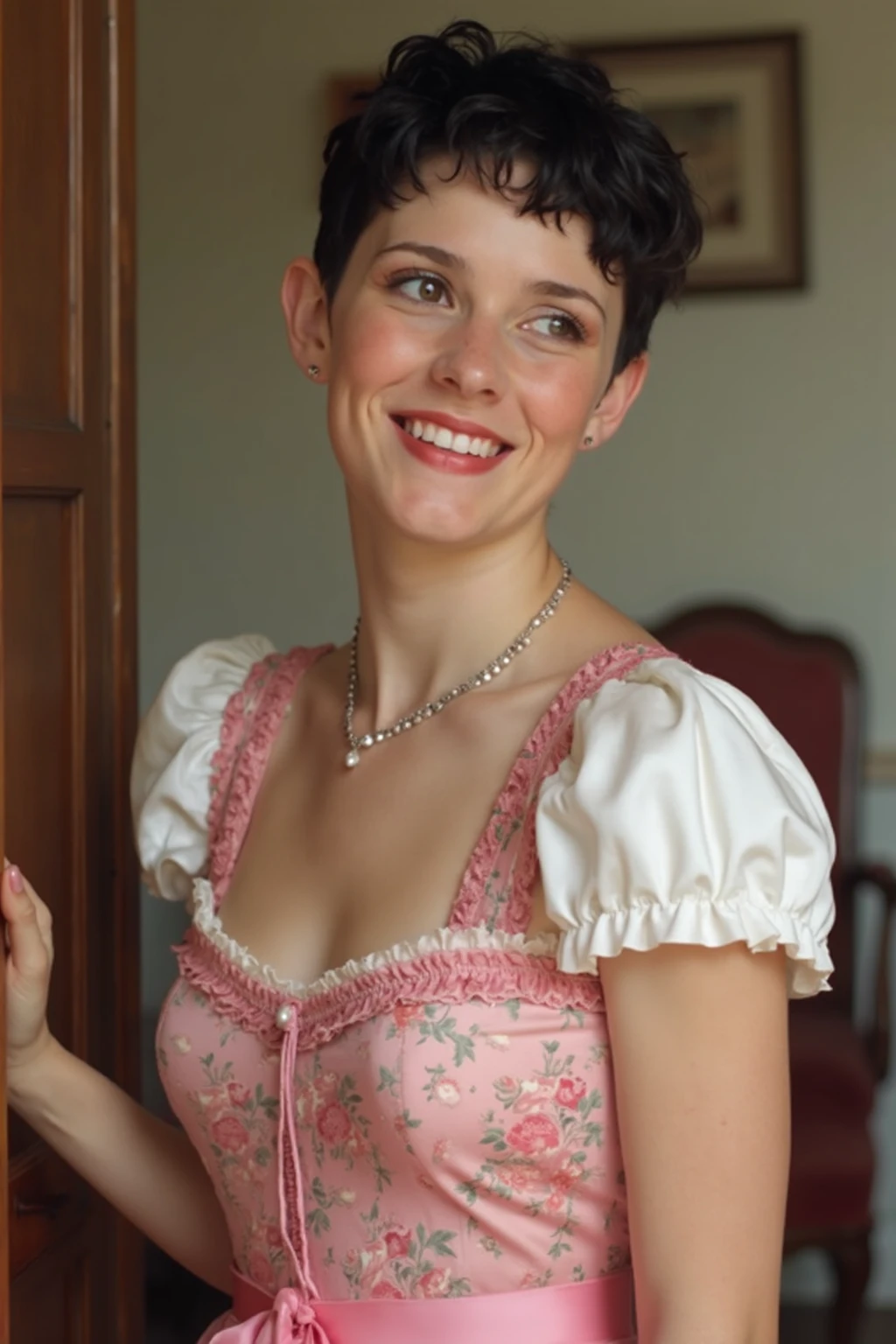 upper body and head, medium closeup,, [[big breasts]], head, face <lora:1905_dress_v1:1> 1905_dr3ss, crisscross ribbons, happy, pretty, victorian garden in background <lora:pentagram_harness:0.8> pentagram_harness