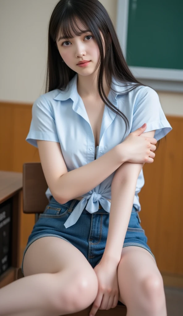 8K, highly quality, Real images, ultra detaile, ultra high def, Depth field, (Photoreal,Realiy:1.2), nmasterpiece, 0.25 :: , Japanese_girl, 。.。.。.。.。.。.。.。.ai_Zen Buddhism, Very beautiful and y 17 rl, innocent big eyes, (Brown_Short_Hair), (Deep Level_Green_Eyes:1.0),(Hair bangs), hair wavy, disheveled hair,(hair pin), Perfect shiny skin, Perfect skin, fair white skin, (:1.3), narrowwaist, A faint blush,独奏,lightl smile,,Open clothes
Chubby under the clothes,slightly thicker thighs,
portait((Just a little transparency:0.9)School_Unifo,(Blue_long_tie),(Blue_pleated_Skirt),(white knee socks):1.2),(Black lace bra:0.9),Sit on your deGravure pose:1.1),
Japan High School,Whole human body,(nasse:0.9)
