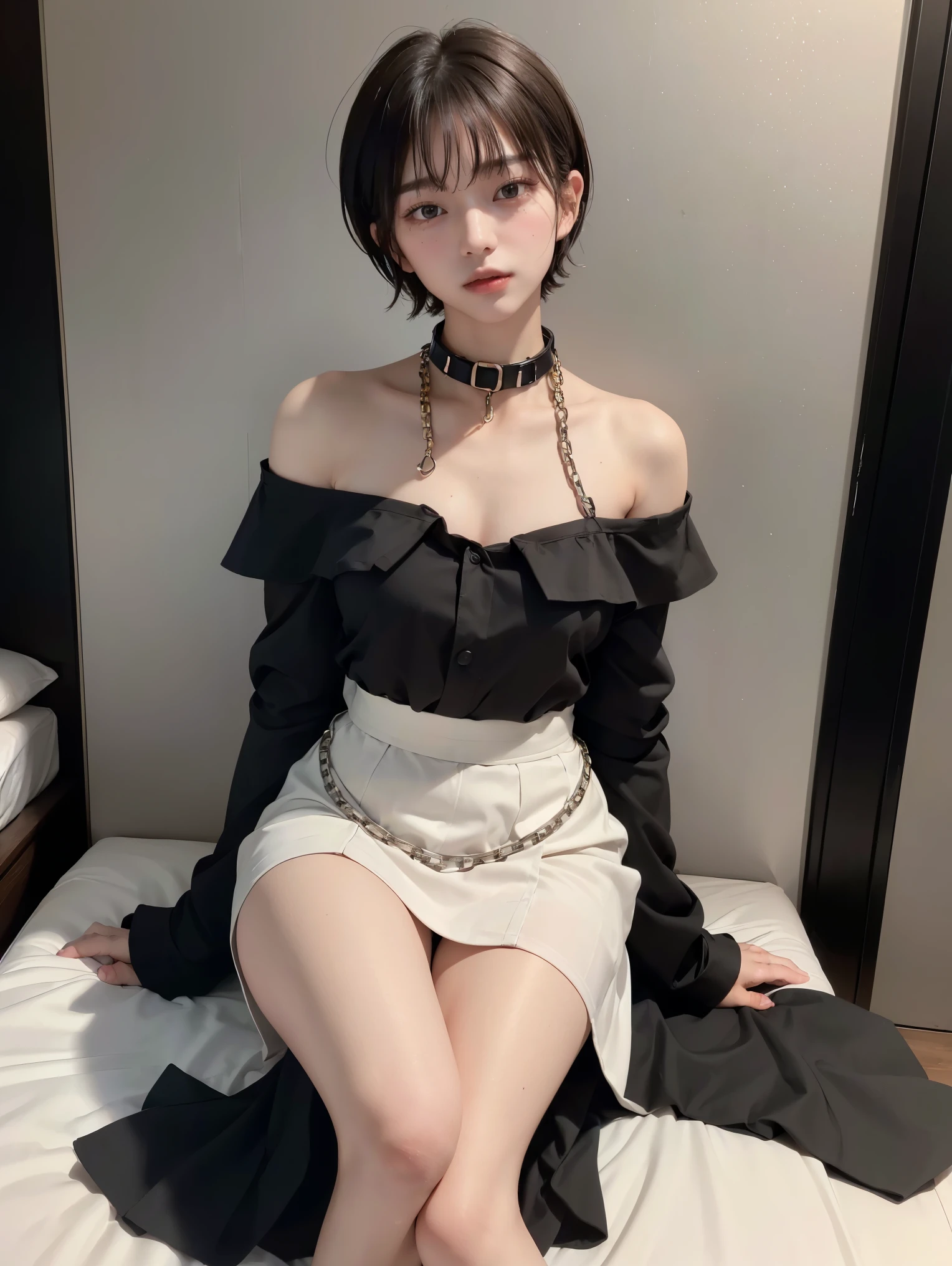 (Androgynous beautiful man:1.3)、(Bob Hair)、(best quality:1.4)、(masterpiece:1.4)、((masterpiece))、 RAW photos 、8k、((best image quality))、 ((high resolution))、brown hair、(Thick chain collar:1.3)、 black party dress、long skirt、Off Shoulder、(sexual excitement)、(sexual feelings)、Sex Appeal、bed、(Teaching beautiful boy about female sexuality)、(sex slave)、Eros、