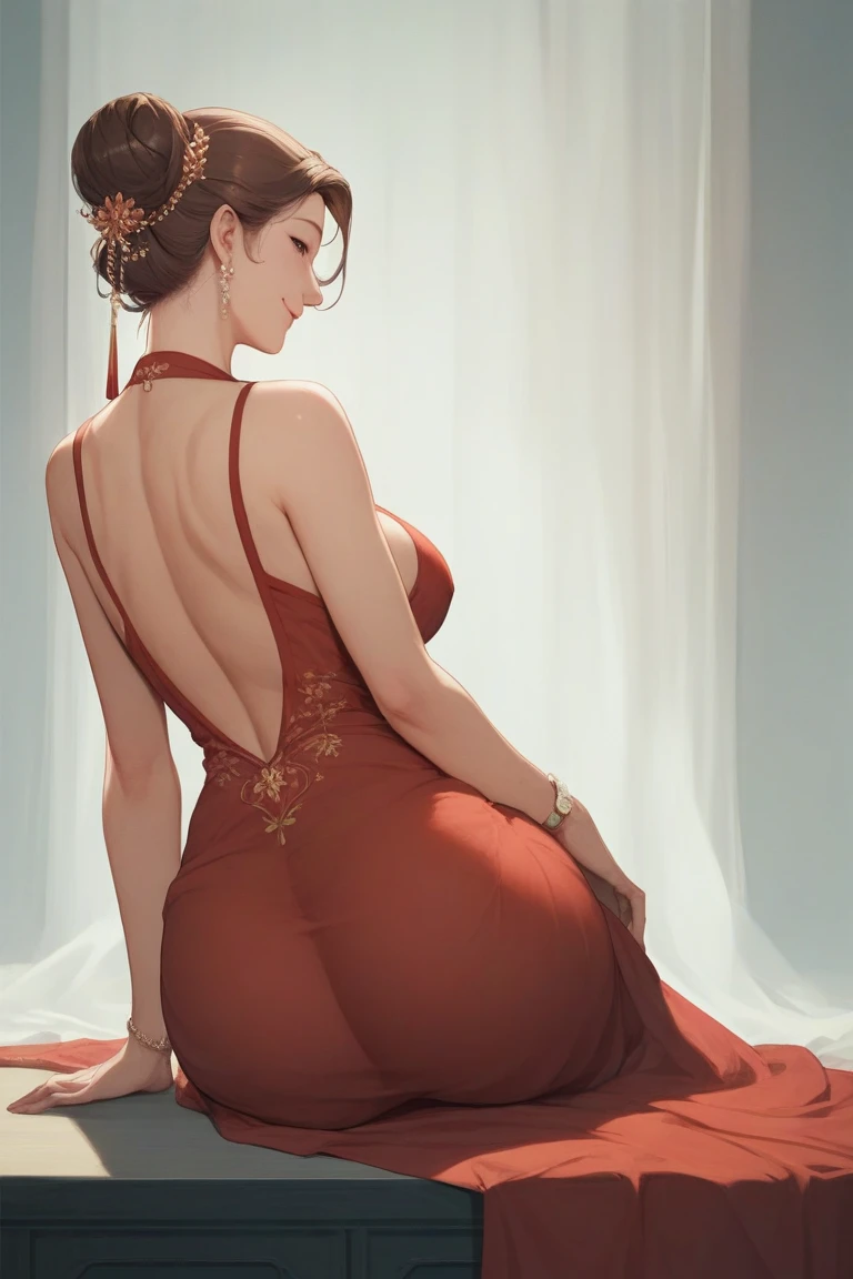 1 Big Girl, beautiful ada&#39;s cowboy pictures, Looking at the audience, Red robe, black hair color, blushing face, short hair detail, exercise night, Volumetric lighting, Best Quality, Masterpiece, intriciate detail, color mapping, Sharp focus, Ultra-detailed, Popular topics on ArtStation, cleavage, In fact, the whole body, big size ass, elegant evening gowns
