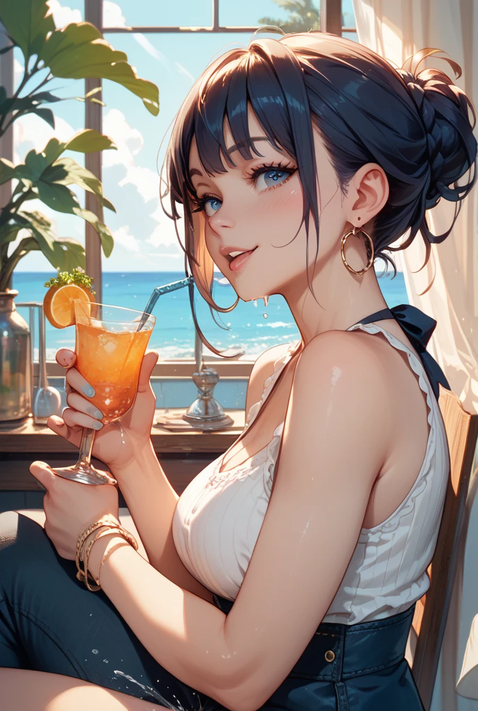 (Highest quality:1.4、masterpiece:1.4、Super detailed:1.4、8K:1.4)、F cup bust、Big Breasts、Slim body、((((1 person、Surprised expression、sit、In the background are the urban buildings of Tokyo、looking at the camera、Outdoor café terrace、coastal、Navy hair color、Shooting from an angle、juice、table、Sunset Beach、sunset、Very cute face))))、(((nude、Areola、bikini size too small、Holding a glass)))、Big eyes、((((Shallow depth of field))))