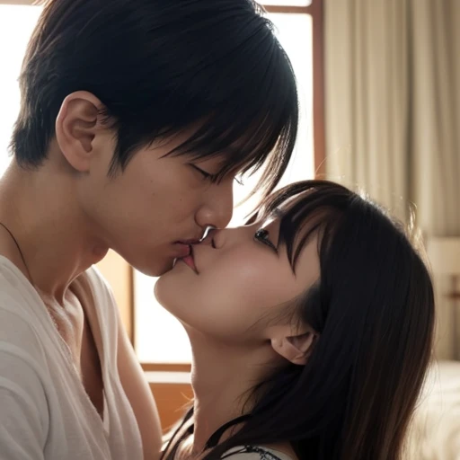 Two beautiful and cute 35 year old Japanese women caressing a man、Completely naked