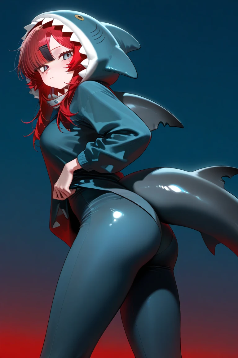 (high res, 8K, masterpiece, looking at viewer, best quality, very aesthetic, ultra detailed, ultra background, ultra Eyes), intricate details, 1girl, Ellen Joe, Red eye, Black Short Hair, plump body, red hair at the edge of the ear, Nude, maid headband, Red Lips, Sweaty Body, Angry Face, two moles under the right eye, Shark tail in she Ass, Background Sea, Beach, Cinematic Angle