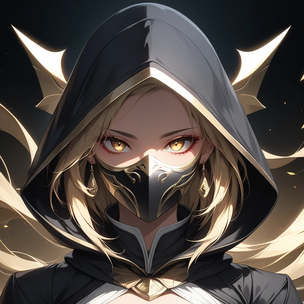 A full-body shot of Princess Zelda, yellow hair, yellow eyes, dressed as a Ninja in black+neon yellow with a black mask and hood with yellow details, XL bust, holding a flaming Kunai attached to a chain. Background: ghoulish cemetery at night with fog. Mortal Kombat, Unreal Engine 5, Anime, Anime style, Masterpiece, Well drawn eyes, well drawn face, well detailed eyes, well detailed face, 8k, light and shadow effect