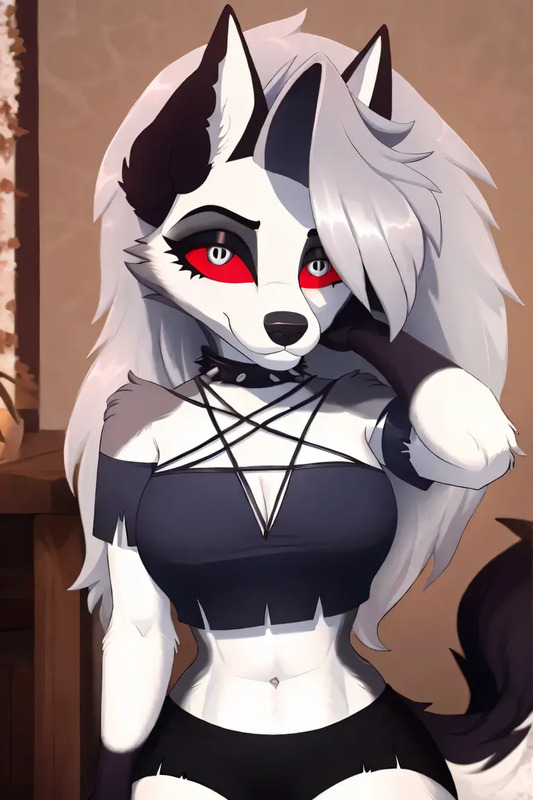 uploaded on e621, nsfw, raw photo, realistic, anthro, detailed face, detailed fur, snout, helluva boss, loona hellhound, loona, big breasts, clothed, Grey Crop Top, Pentagram Body Harness, Black sport Shorts, Spiked Collar Choker, Grey Leg Warmers, high res, high resolution, leaning forward, red office background, sfw