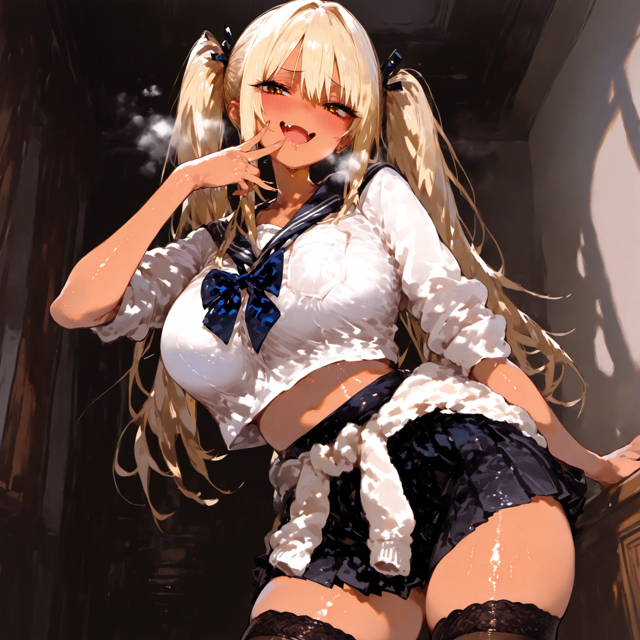 ((solo girl)),((Perfect body,))((Super beautiful,))((High quality,)),in bedroom,((Perfect body,))((Super beautiful,))((High quality,))breast,collar,nswf,cowboy shot, ((Reisalin Stout,Atelier Ryza,hat,hairbow,blond hair,brown skin,white blazer ,very short red Pleated skirts,))Pleated skirts that are too short and expose underwear,(Heavy breathing,saliva, sweat, Sweaty and wet all over,)(Lift up the hem of her skirt to show off her crotch),((open mouth,tongue out,Fellatio gesture,))