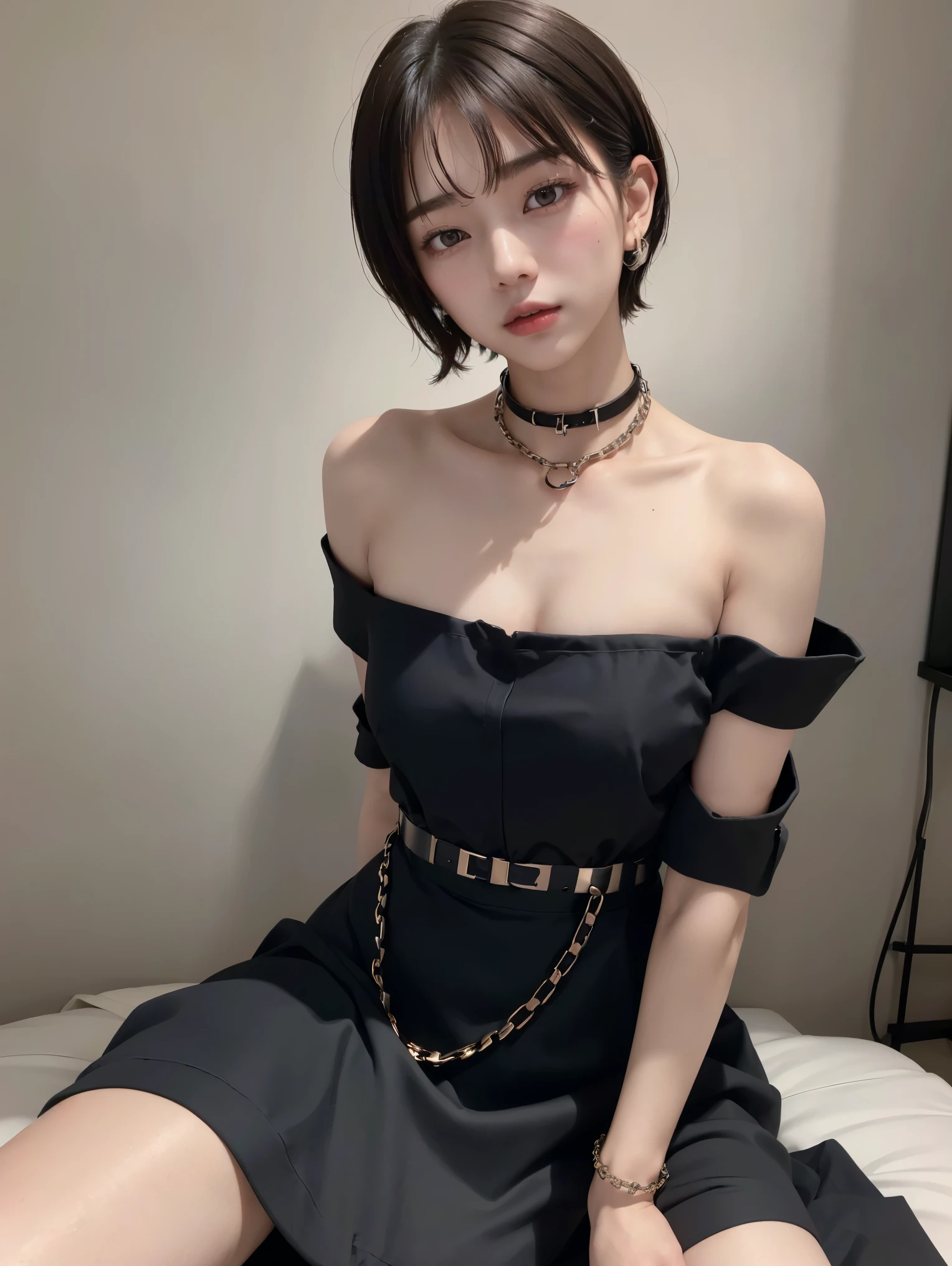 (Androgynous beautiful man:1.3)、(Bob Hair)、(best quality:1.4)、(masterpiece:1.4)、((masterpiece))、 RAW photos 、8k、((best image quality))、 ((high resolution))、brown hair、(Thick chain collar:1.3)、 black party dress、long skirt、Off Shoulder、(sexual excitement)、(sexual feelings)、Sex Appeal、bed、(Teaching beautiful boy about female sexuality)、(sex slave)、Eros、