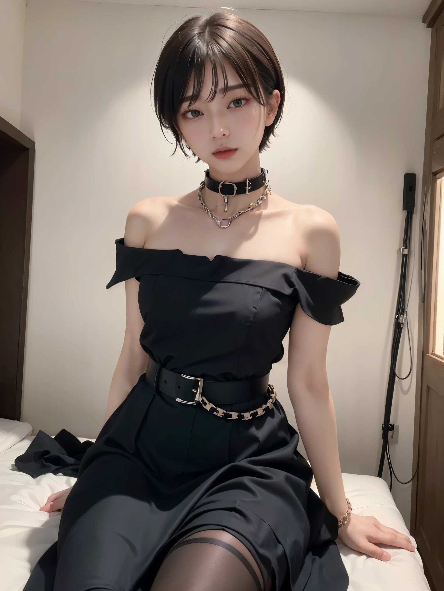 (Androgynous beautiful man:1.3)、(Bob Hair)、(best quality:1.4)、(masterpiece:1.4)、((masterpiece))、 RAW photos 、8k、((best image quality))、 ((high resolution))、brown hair、(Thick chain collar:1.3)、 black party dress、long skirt、Off Shoulder、(sexual excitement)、(sexual feelings)、Sex Appeal、bed、(Teaching beautiful boy about female sexuality)、(sex slave)、Eros、