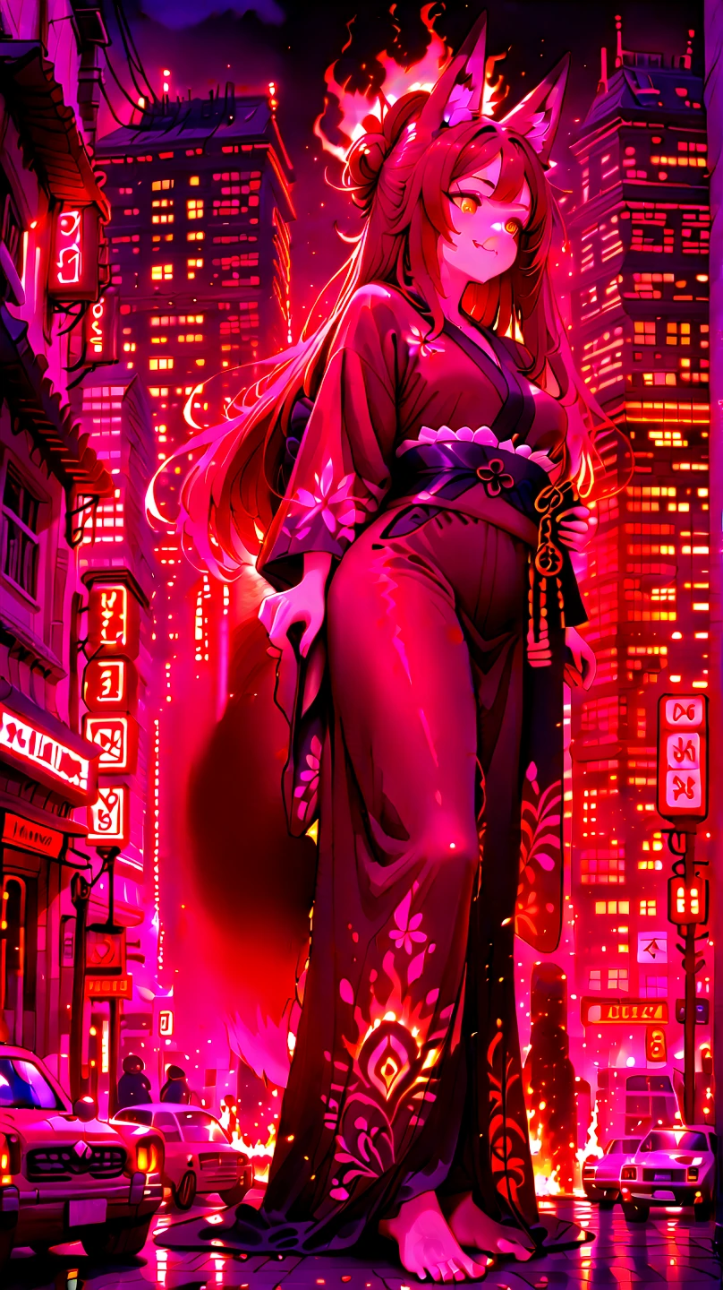 Sexy elf, long hair, pointy ears with earrings, redhead, big black horns on head, big breasts, Langerie Red, tribal tattoo on shoulder, City Night Neon background