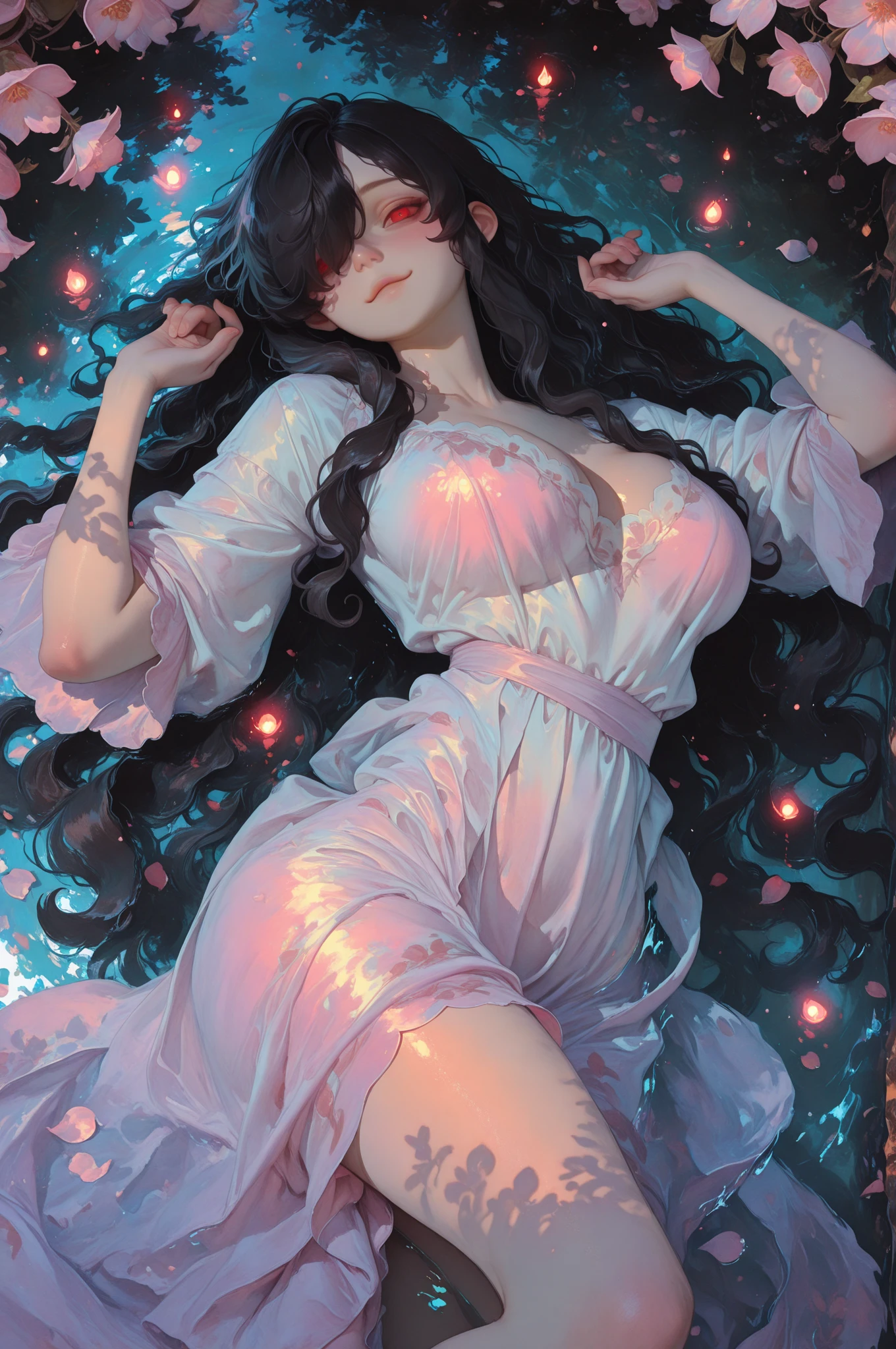 (Highest quality, 8k,masterpiece), alone, whole body, Mature Woman, Black Hair, Red eyes, Curly hair, Very large breasts, White negligee, Lying down, A kind smile, bed, White skin, Visible breasts, Frivolous, Pink Lips, Pink light,