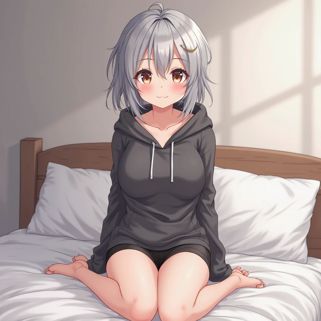 Anime girl, genshin impact, 1girl, medium breasts, middle aged, messy room, on bed side, high knee sock, nonchalant, messy white silky hair, tiny eyes, black crop top, grey shorts, short hair with ponytail, whole body from head to toe view,