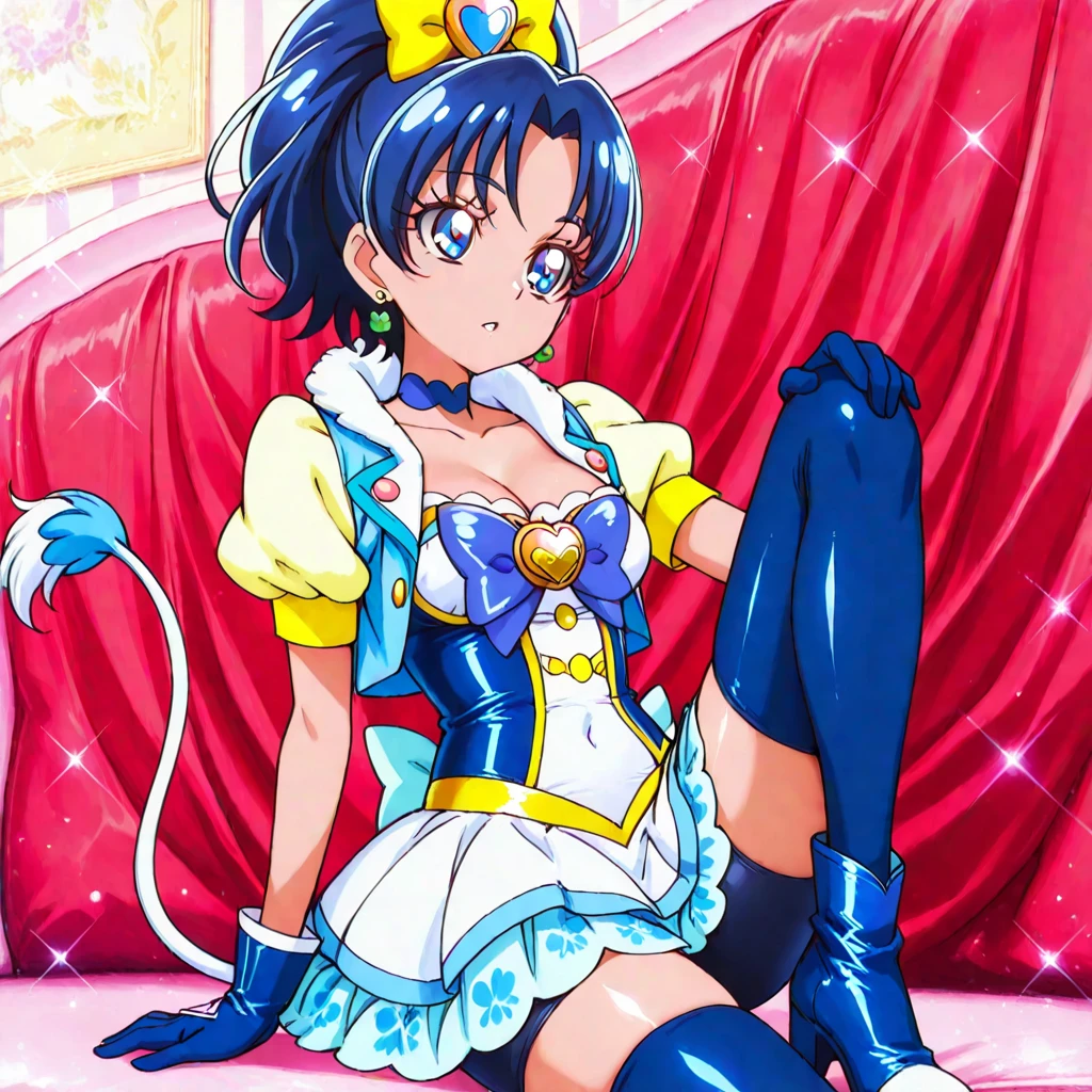 <lora:Nozaki_Sumire:0.8>, nozakisumire, 1girl, thighhighs, blue hair, solo, open mouth, bow, hairband, :d, yellow thighhighs, smile, sitting, yellow leotard, skirt, short hair, jewelry, shoes, bowtie, blue eyes, wrist cuffs, bangs, blue skirt, holding, ribbon, aqua eyes, sleeveless, earrings, leg up, frilled thighhighs, looking at viewer, swing, detached collar, frills, lace, bare shoulders, red bow, white thighhighs.
masterpiece, high quality, very_high_resolution, large_filesize, full color,