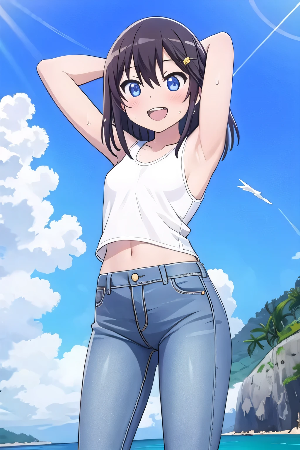(Full nudity)、Masturbation、Acme Face、One girl,Brown Hair, (Brown eyes:1.5), (Small breasts:1.2),
 Medium chest, naked, Exposed Skin, (Put your arms behind your head, Underarm),Sitting、
(Ocean:1.2), Beach, (sun:1.2), morning,
壊す looking at viewer, (Cowboy Shot:1.3),
(masterpiece:1.2), Highest quality, High resolution, unity 8k wallpaper, (figure:0.8), (Beautiful attention to detail:1.6), Highly detailed face, Perfect lighting, Highly detailed CG, (Perfect hands, Perfect Anatomy)