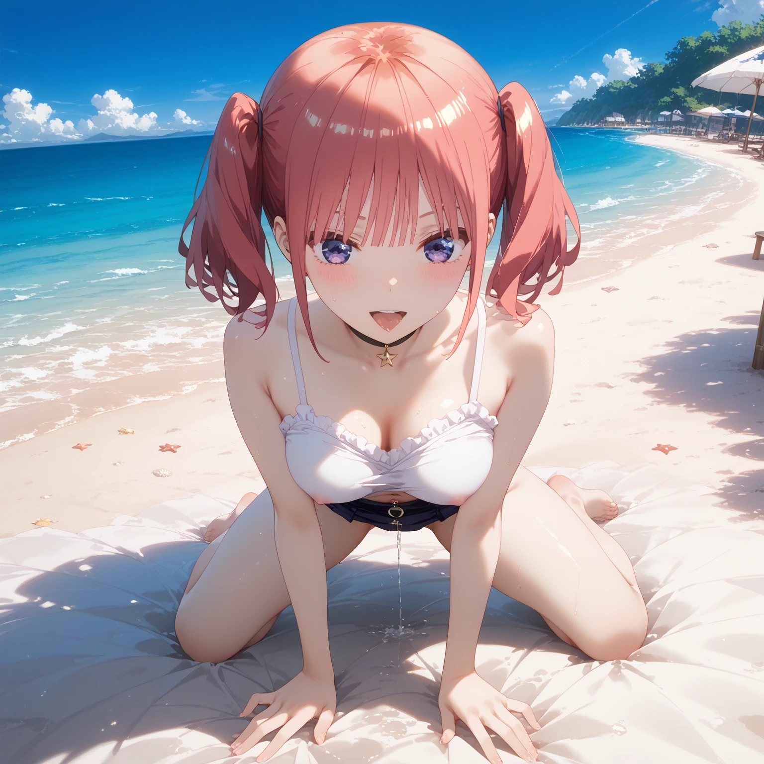 (dynamic angle),in the sandy beach, ocean, splashing, blue sky, windy, rim light, sunlight, beautiful lighting, strong light,pale Light orange Hair, long hair, twintails, hair ribbon, girl1,pale pink micro bikini,(bikini lift:1.6),(bare breasts:1.6) (upper body), (small nipples:1.6), (small areolas:1.6), kawaii, cute, pale purple eyes,(shy), (blush),(light smile),(pussy line)