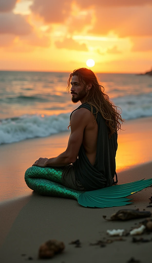 Maverick is sitting on a rock by the sea, with her majestic and unique mermaid fin extending elegantly around her. The fin, Inspired by the tail of a betta fish, It is long and fluid, starting gently from your waist and extending in a natural curve to the water. Its turquoise color shines with iridescent shades of green and blue., with frayed edges that reflect flashes of silver and gold in the sunlight.
In this position, Maverick leans his torso slightly forward, resting one of his muscular arms on his knee while the other rests relaxed on the rock. Her wavy red hair falls in soft locks around her face., framing his strong jaw and stubble that accentuates his masculine features. His green eyes, Intense and confident, look towards the horizon, with an expression that reflects both her connection to the ocean and her inner strength.
Her fair skin is dotted with freckles, particularly on her cheekbones and nose, which adds a youthful air to its robust appearance. His sculpted chest covered in red hair is exposed to the sun, highlighting his powerful physique. The shell and pearl bracelets on her wrists shine softly, strengthening its bond with the sea.
Maverick, In this position, exudes a mix of power and grace, with its single long, continuous fin that blends harmoniously with its human torso, creating an imposing and fascinating image of a mythical ocean creature.