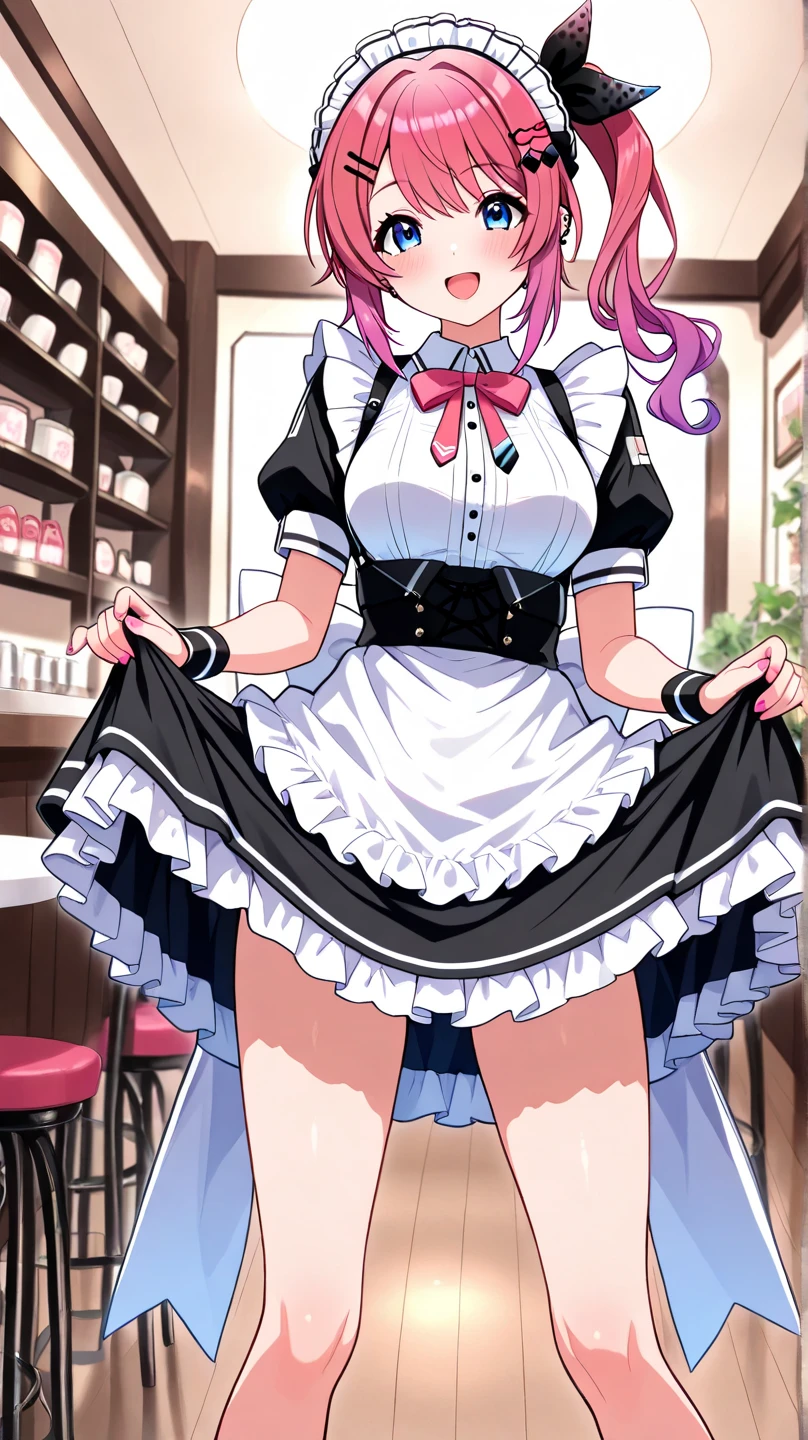 Young girl with pink hair, long twintail hairstyle, ((small bushy eyebrows)), wearing  dress, lolicoankuro) drawing style by zankuro artist, Zancrow style, image uploaded in R34, in the mall, flirty smile , suddenly having sex in pub, ((doggy style slic sex in astaurant)) nakeds in the male crotch, ct anay, young boy fucking her
