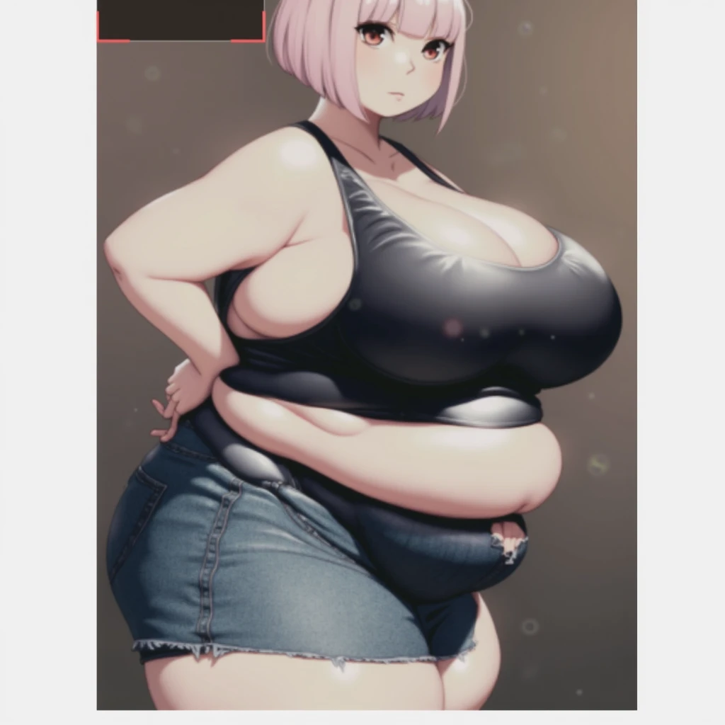 ((high aesthetic)), absurdres, absurd resolution, highly rated, highres, art by kipteitei, high resolution, best quality, masterpiece, full body, (facing viewer), 1girl, ((solo)), indoors, clothed, perfect face, perfect eyes, neneneji, tight outfit, smile, natural skin texture, 4k textures, hdr, intricate, highly detailed, puffy lips, thick lips, hyperdetailed, mature female, Pink hair, short hair, wavy, black crop top, jean shorts, ((skinny)),