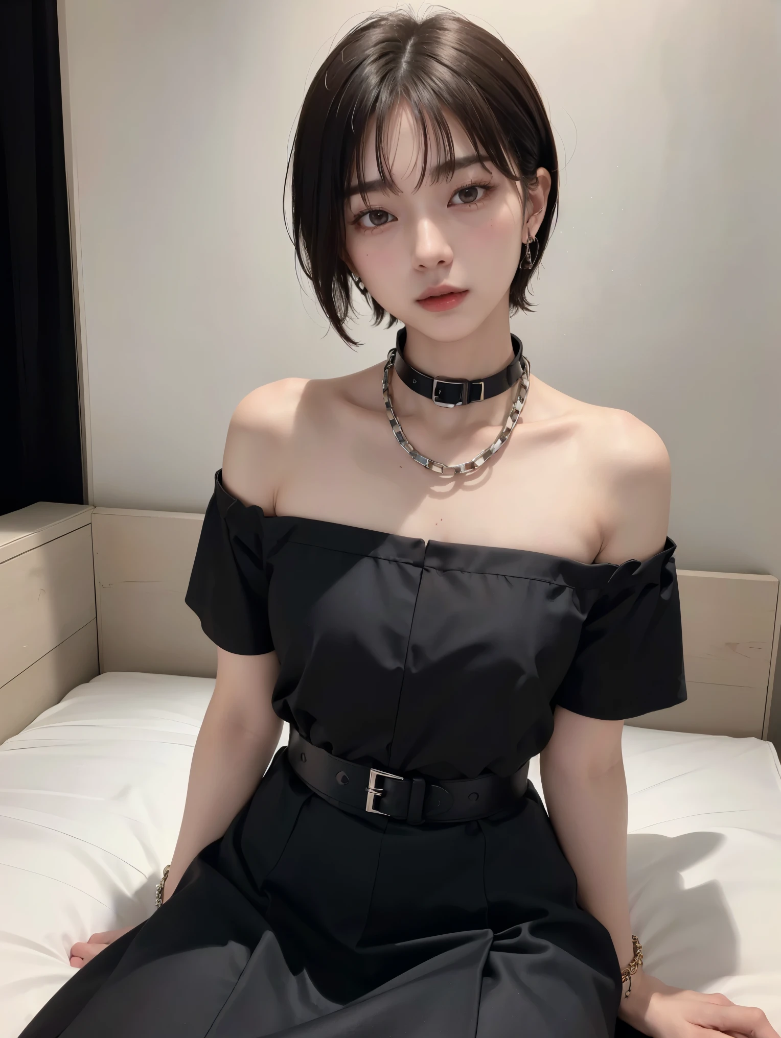 (Androgynous beautiful man:1.3)、(Bob Hair)、(best quality:1.4)、(masterpiece:1.4)、((masterpiece))、 RAW photos 、8k、((best image quality))、 ((high resolution))、brown hair、(Thick chain collar:1.3)、 black party dress、long skirt、Off Shoulder、(sexual excitement)、(sexual feelings)、Sex Appeal、bed、(Teaching beautiful boy about female sexuality)、(sex slave)、Eros、