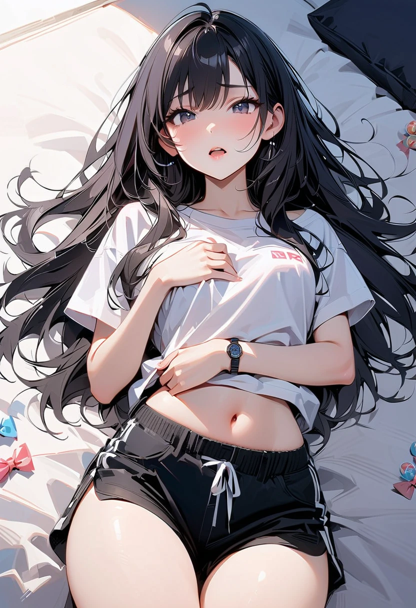 young girl, long dark blue hair, bunny ears, pink eyes, black lipstick, black eye shadow, smirk, tshirt, Short shorts, Masterpiece, hiquality, 4k, HD, Good detail