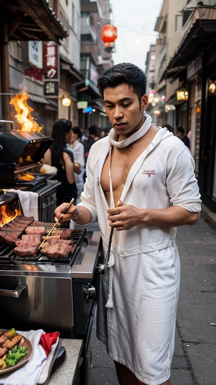 Meat display In the background, market, market display In the background, fish display In the background, very hairy armpits, hairy pubic, hairy crotch, hairy body, In the charming picture there is a handsome Chinese 17 years old boy with his big bulge, muscular body, background in the sky has big bold sun, His charm radiated as he proudly showed off his sweaty very hairy armpits in a full standing pose.. He wore a white sexy thong, that highlighted his figure, He stood in the middle of the crowded traditional market environment., Bathed in the golden light of a beautiful day. With unparalleled attention to detail., This photorealistic portrait combines the style of National Geographic., Capture every detail of his textured skin in 8k resolution. Leica digital SLR camera. His features were clearly visible., From the deep-set eyes to the chiselled jawline., Make this image a true masterpiece..Lift. (8K UHD、RAW Photography、Photorealistic Portrait Leica Digital SLR、Lifelike images), big bulge in his very thin thong