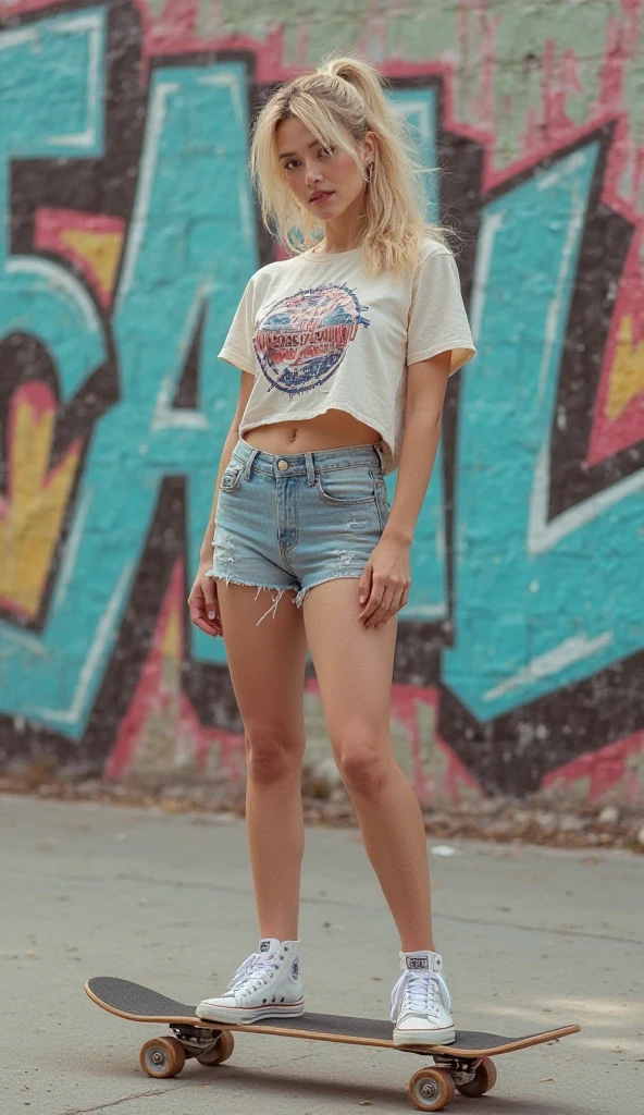 Not Lollapalooza music festival, vestindo streetwear de corpo inteiro [obra de arte], [Haiza is a young Brazilian model, Olhos limpos, ((messy long blonde platinum hair from the 80s)), Pele bronzeada HD, labios grandes, rosto detalhado, morando em 1988] 
